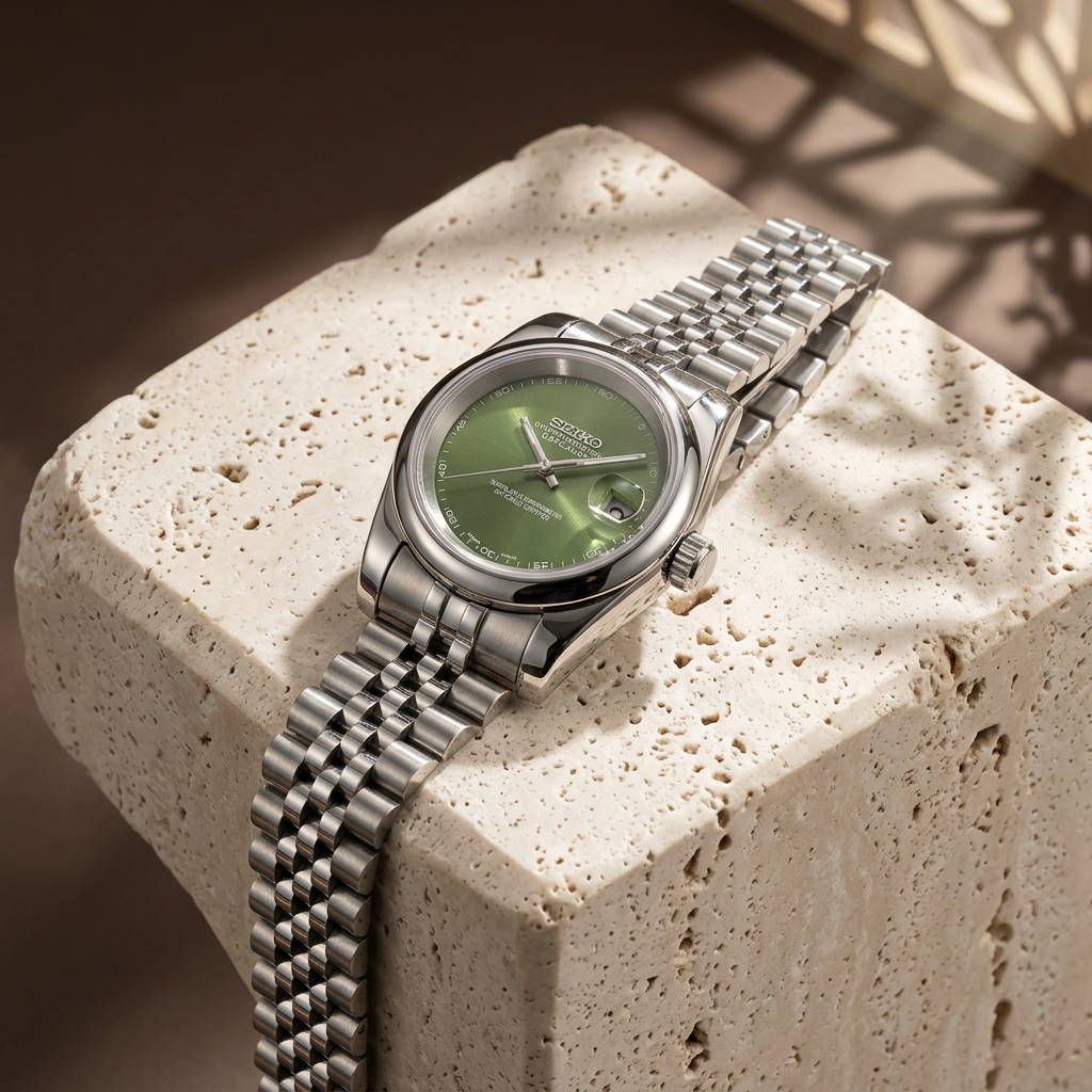 Green dial watch on luxury warm stone pedestal